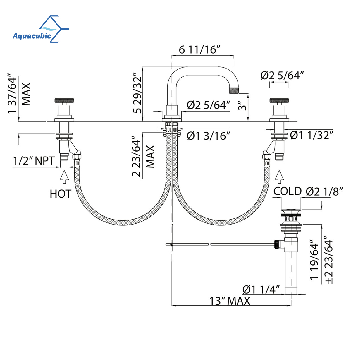 Aquacubic Satin Nickel Współczesna bateria umywalkowa z dwoma uchwytami o niskim łuku