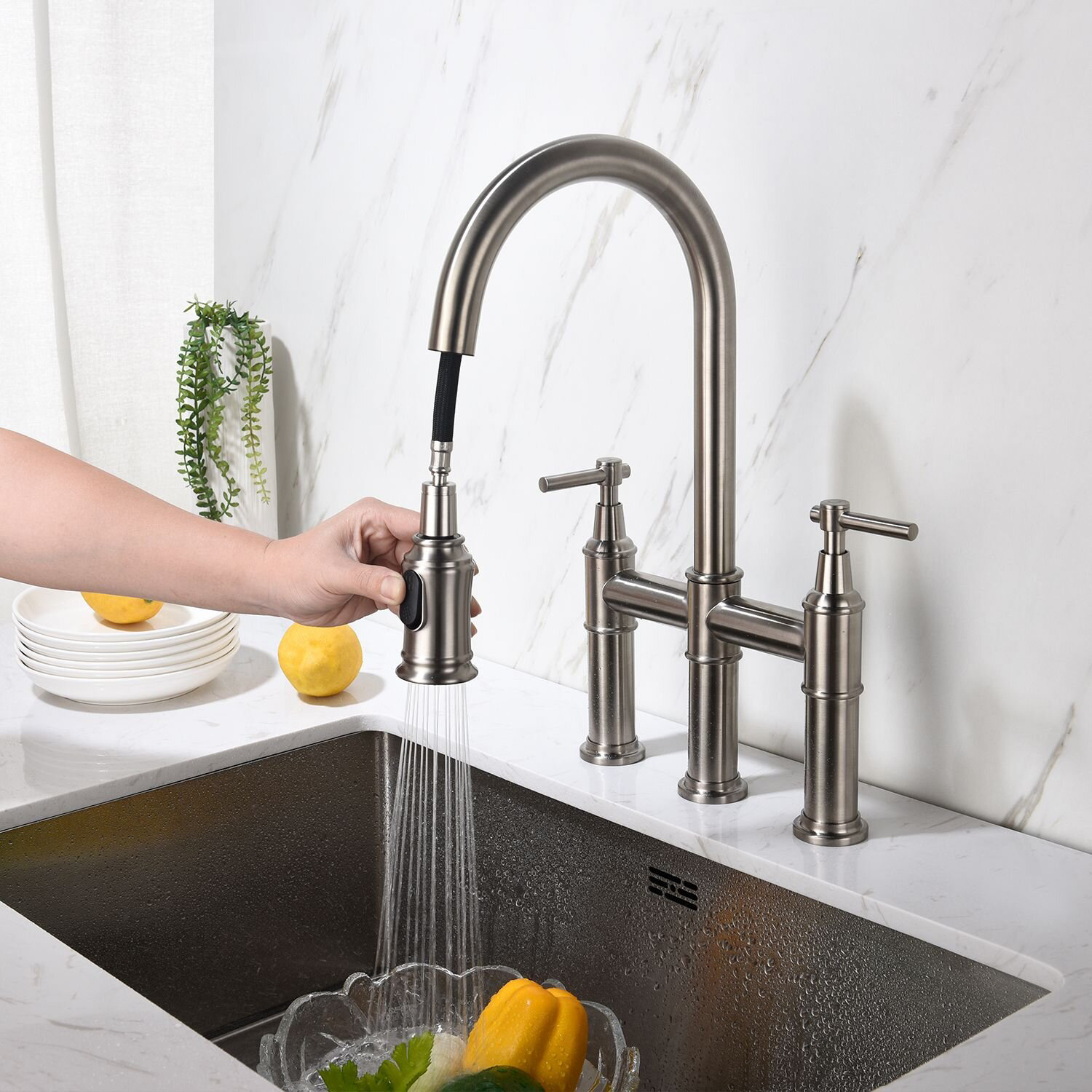 Pull Down Hybrid Solid Sink Faucet Bridge Faucet