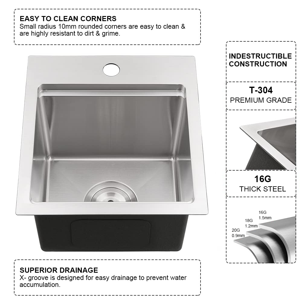 Dostosowany 15-calowy zlewozmywak barowy ze stali nierdzewnej o średnicy 16 cali, ręcznie robiony zlew do przygotowywania posiłków na zewnątrz z kratką i odpływem