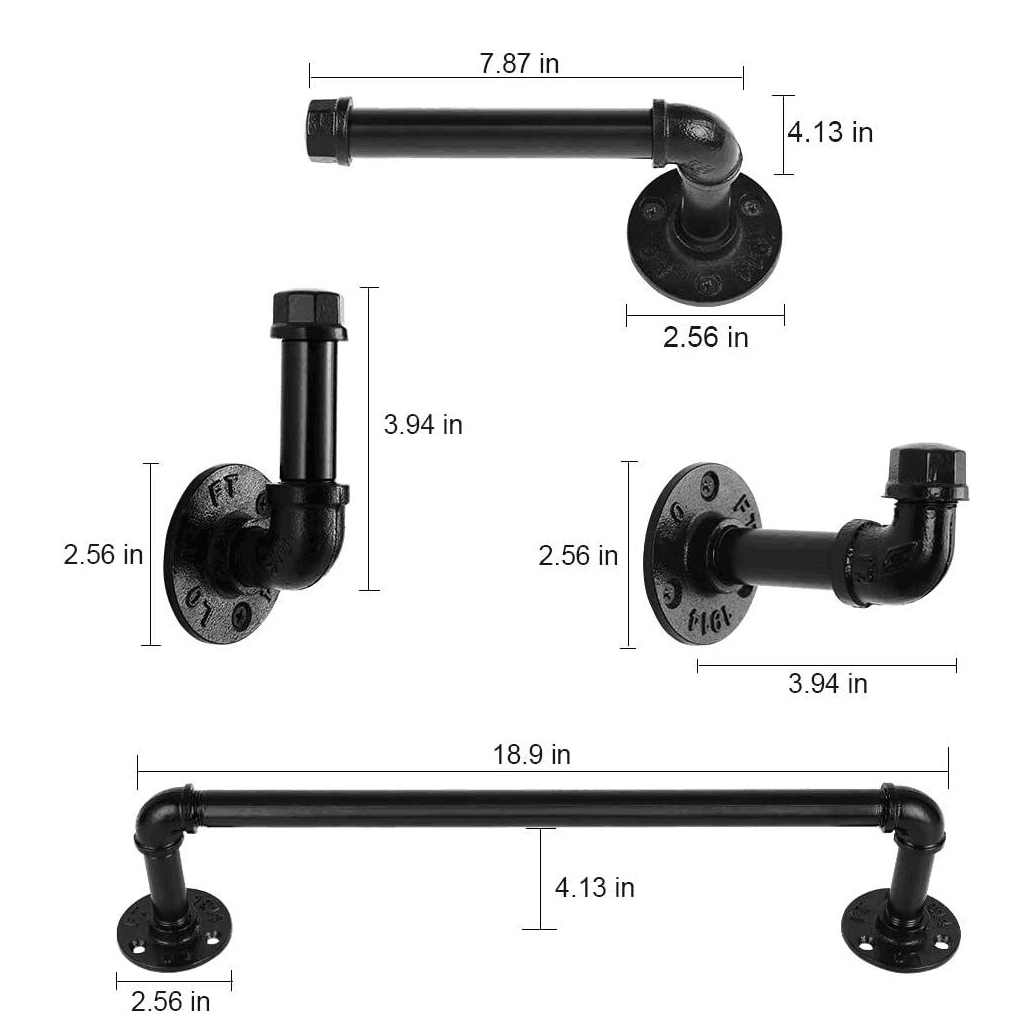 Nowoczesny, szykowny, galwanizowany czarny zestaw armatury łazienkowej z rur przemysłowych firmy Pipe Decor 4-częściowy zestaw