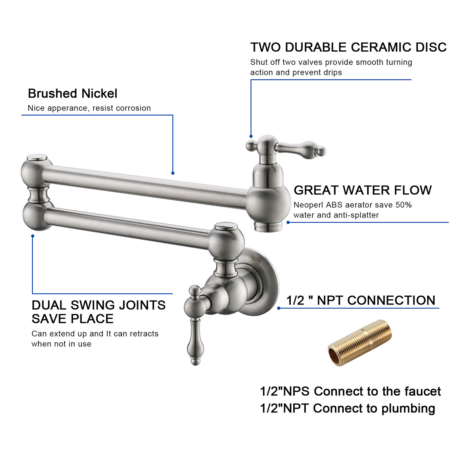 Aquacubic Kran Tradycyjny kran do napełniania garnków ze stali nierdzewnej Szczotkowany nikiel, wypełniacz Delta, Farmhouse Pot Filler kran do montażu na ścianie, Potfiller, konstrukcja z mosiądzu