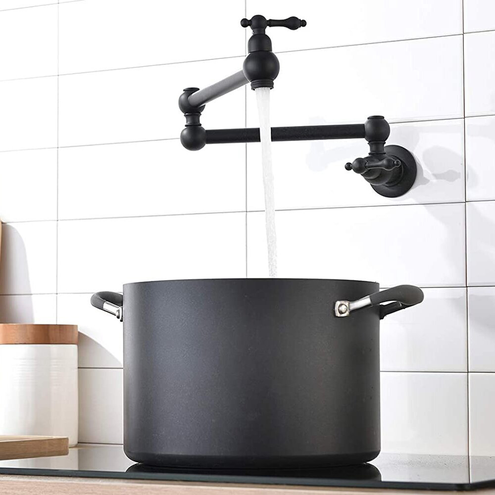 Aquacubic Black Pot Filler Faucet do montażu na ścianie, podwójne przeguby obrotowe i przedłużenie 24 '