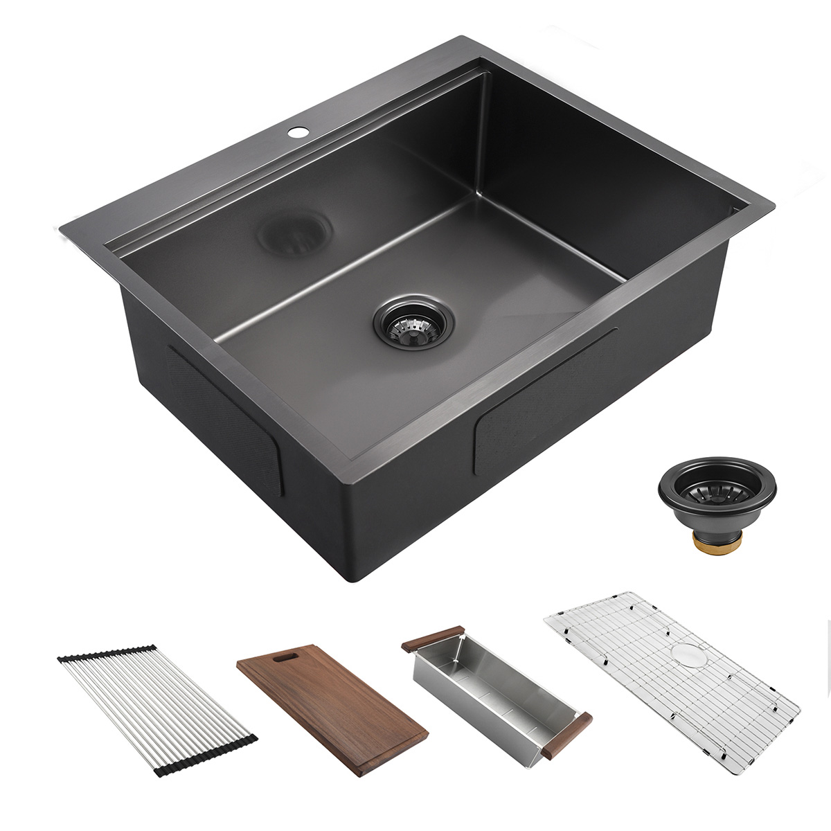 Ręcznie robiony zlew ze stali nierdzewnej Topmount Drop In UPC Gunmetal Black Nano Kitchen Zlewozmywak z półką